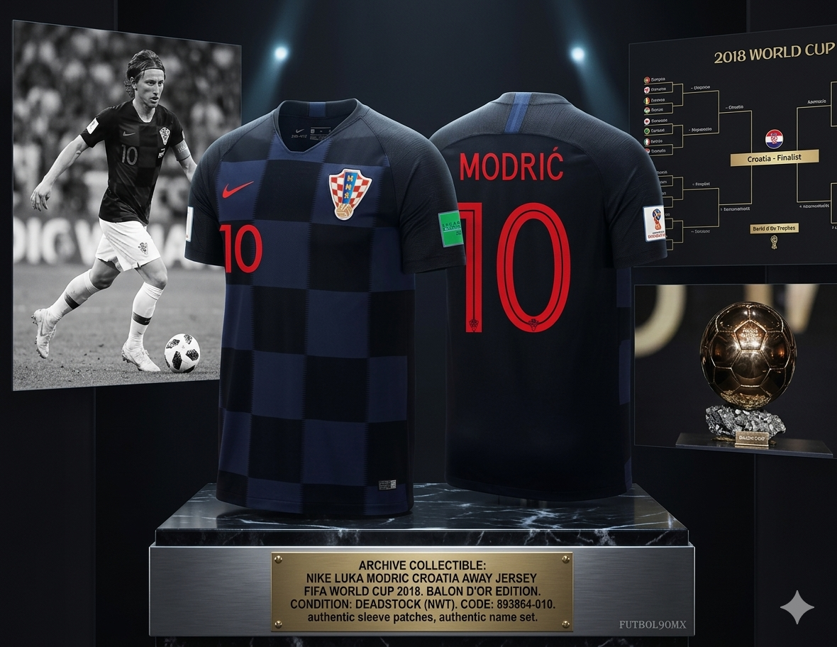 Fotografía de archivo del jersey Nike de Luka Modrić Croacia 2018 en exhibición con bustos de bronce y placa técnica, activo verificado con código 893864-010, en Boutique de Archivo Historico Futbol90MX