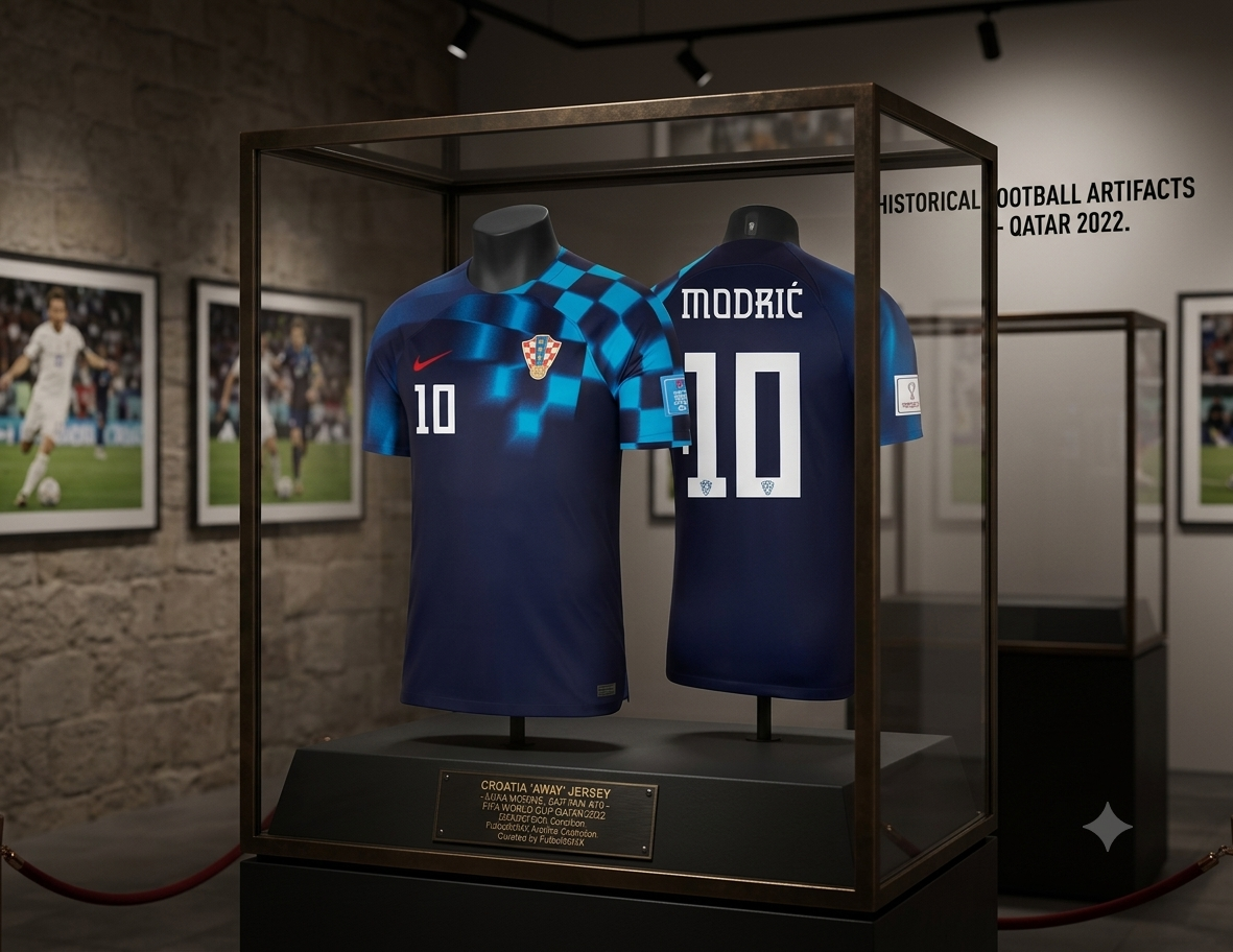 Jersey Nike de visita de Croacia Copa Mundial FIFA 2022 de Luka Modrić exhibido en vitrina con placa de identificación "Futbol90MX", código DN0683-498 y estado Deadstock certificado.