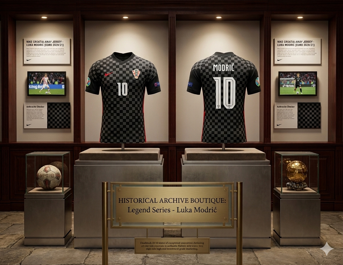 Composición artística de archivo del jersey Nike CD0694-060 Croacia Euro 2020/21 de Luka Modrić (#10) con parches oficiales, exhibido en un entorno de galería digital "Vault Status", en Futbol90MX
