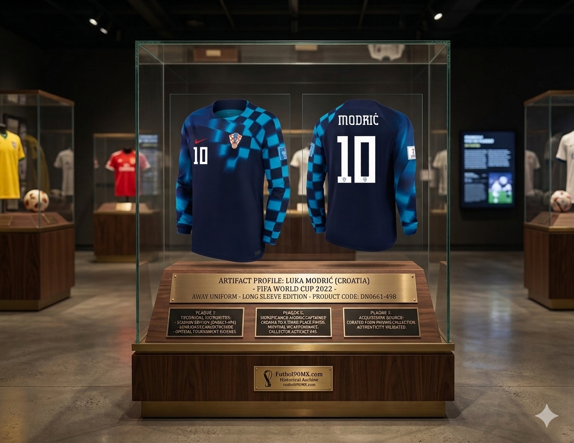 Exhibición de museo del jersey Nike Stadium de Croacia 2022, versión manga larga con el #10 de Luka Modrić. Presentado en gabinete de cristal con placas doradas detallando la autenticidad, código DN0661-498 y su estatus como activo de archivo en Futbol90MX.