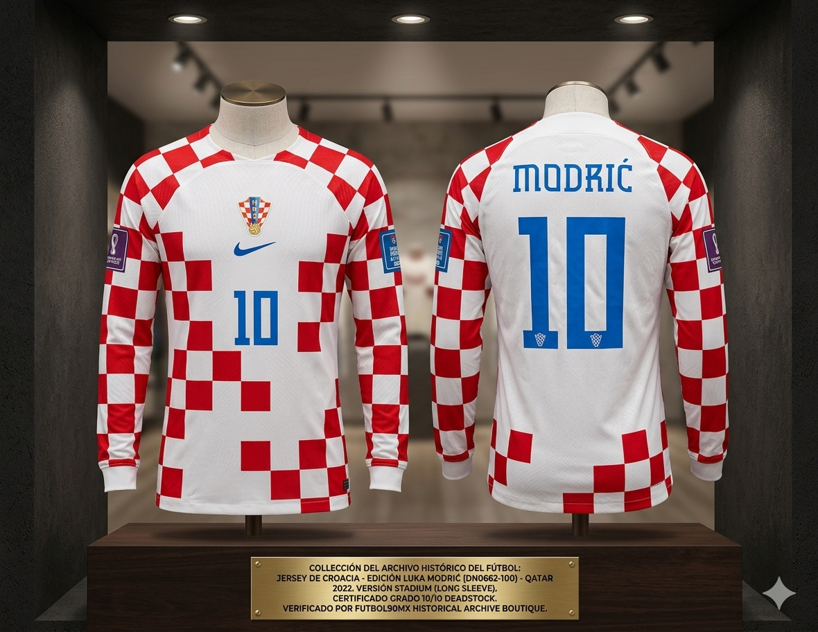 Exhibición de museo del jersey Nike Croacia Home 2022 manga larga edición Luka Modrić 10 dentro de una vitrina iluminada, con placa técnica que certifica el estado Deadstock 10/10 y la autenticidad de la Historical Archive Boutique Futbol90MX, codigo DN0662-100