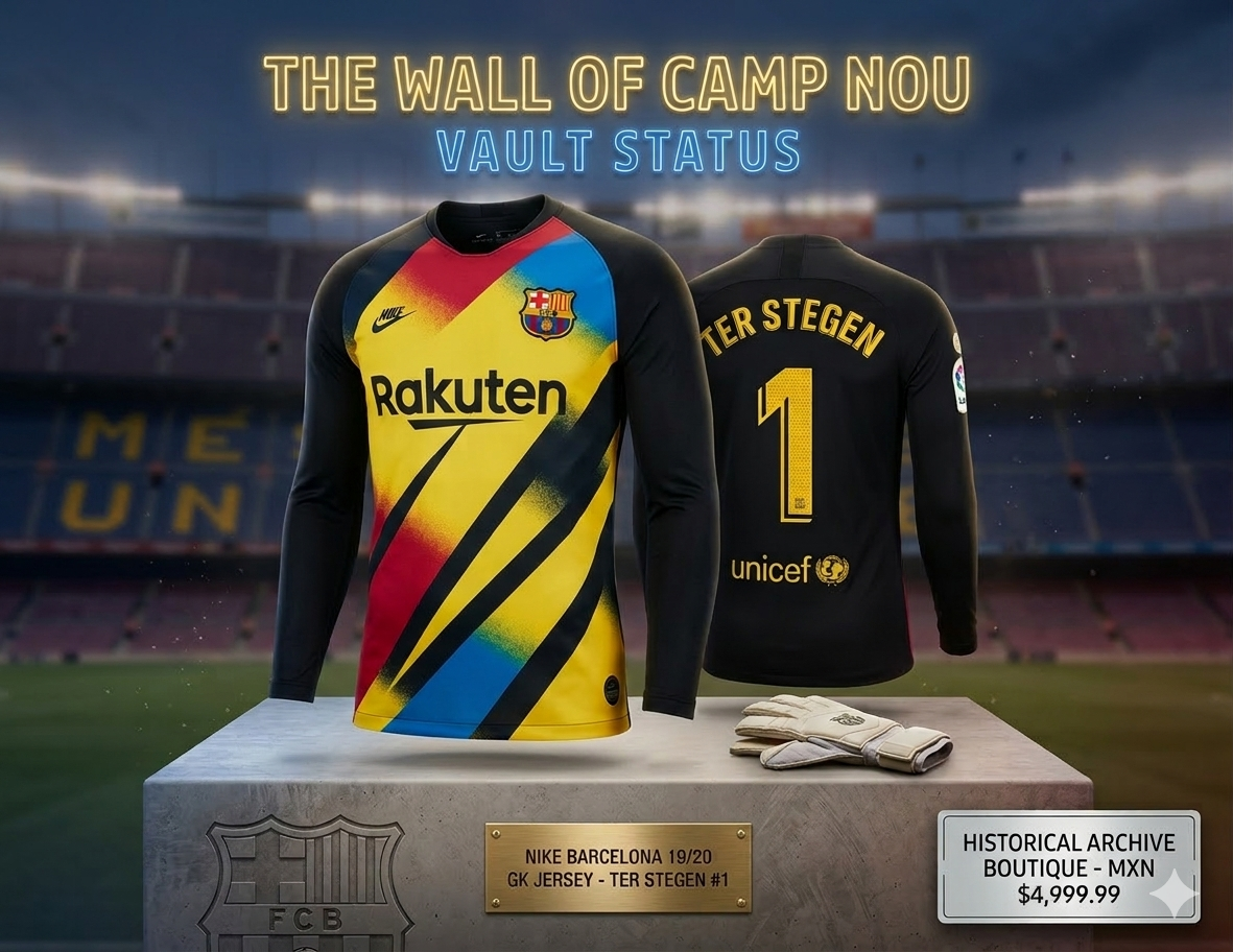 Jersey Ter Stegen FC Barcelona 2019-20 Vault Status edición coleccionista con guantes de portero en exhibición boutique.