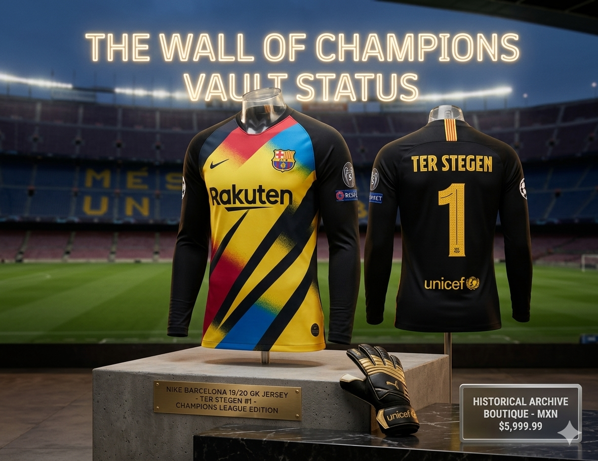 Exhibición de jersey de portero Nike FC Barcelona Ter Stegen Champions League 2019-20 manga larga Vault Status Full Patches Futbol90MX.