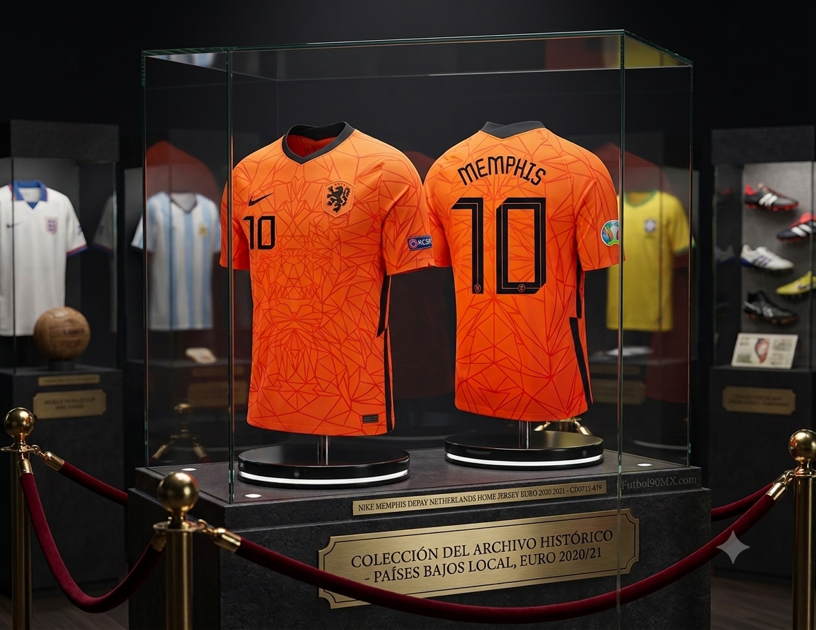 Jersey oficial Nike Países Bajos local Euro 2020 con dorsal Memphis Depay 10 en vitrina de exhibición premium, archivo histórico de Futbol90MX con código CD0712-819