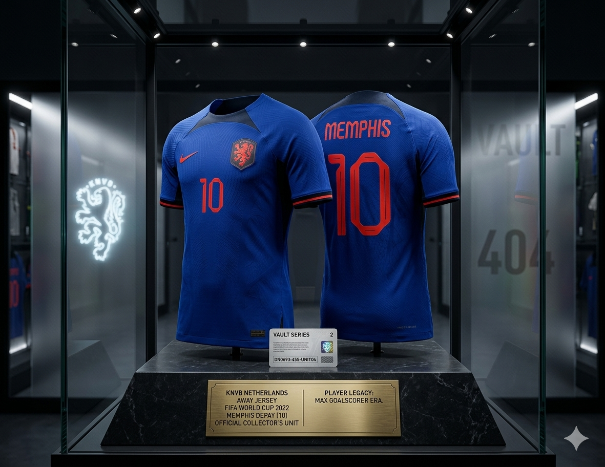 Memphis Depay Netherlands Away Jersey 2022 en vitrina de exhibición de lujo, presentado como pieza de archivo de Futbol90MX con código Nike DN0693-455