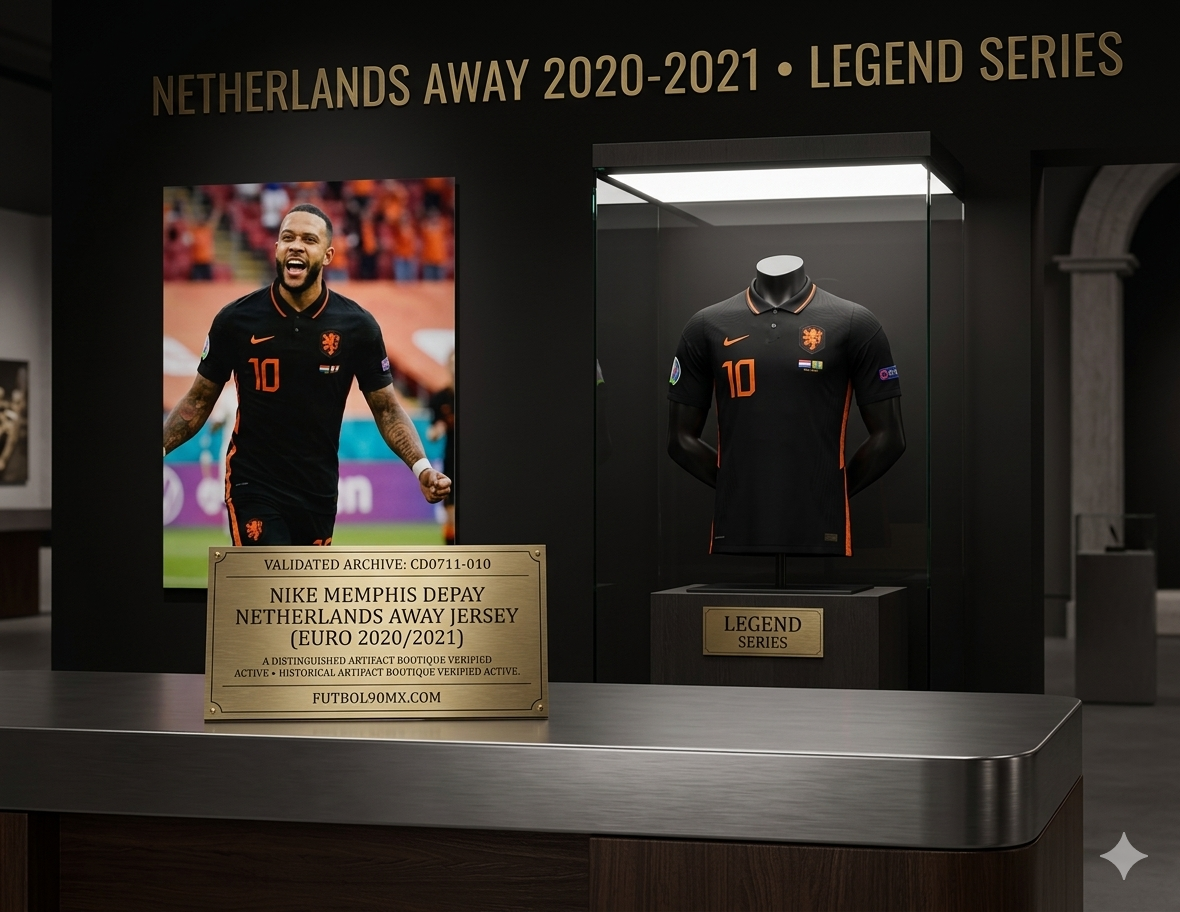 Exhibición museográfica de Futbol90MX presentando el jersey de Memphis Depay Euro 2020 en vitrina, resaltando el identificador técnico global CD0711-010.