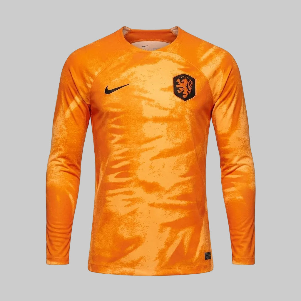 Vista frontal del Jersey Nike Memphis Depay 10 de Paises Bajos en Manga Larga Local, Mundial FIFA 2022, stock Futbol90MX
