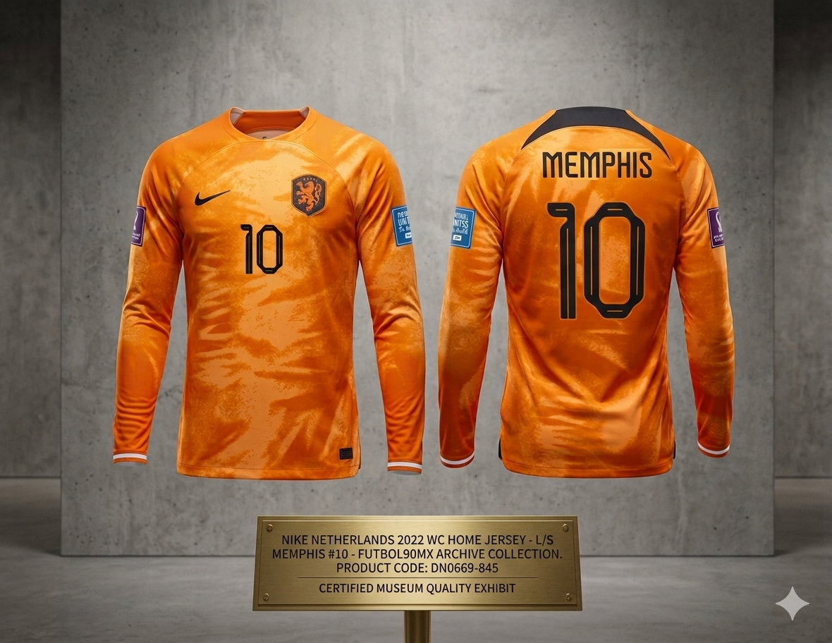 Jersey Nike de Memphis Depay Paises Bajos Local en Manga Larga exhibido en una vitrina de museo de la Historical Archive Boutique, incluyendo placa técnica con código DN0669-845, resaltando su estatus de pieza de colección, en Futbol90MX
