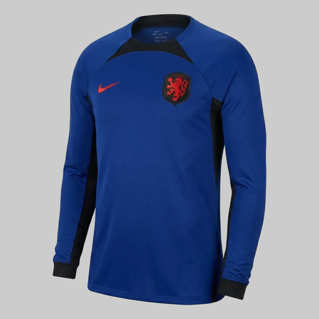 Jersey oficial Nike Países Bajos 2022, edición manga larga visitante personalizada con Memphis Depay 10, vista frontal de archivo de Futbol90MX