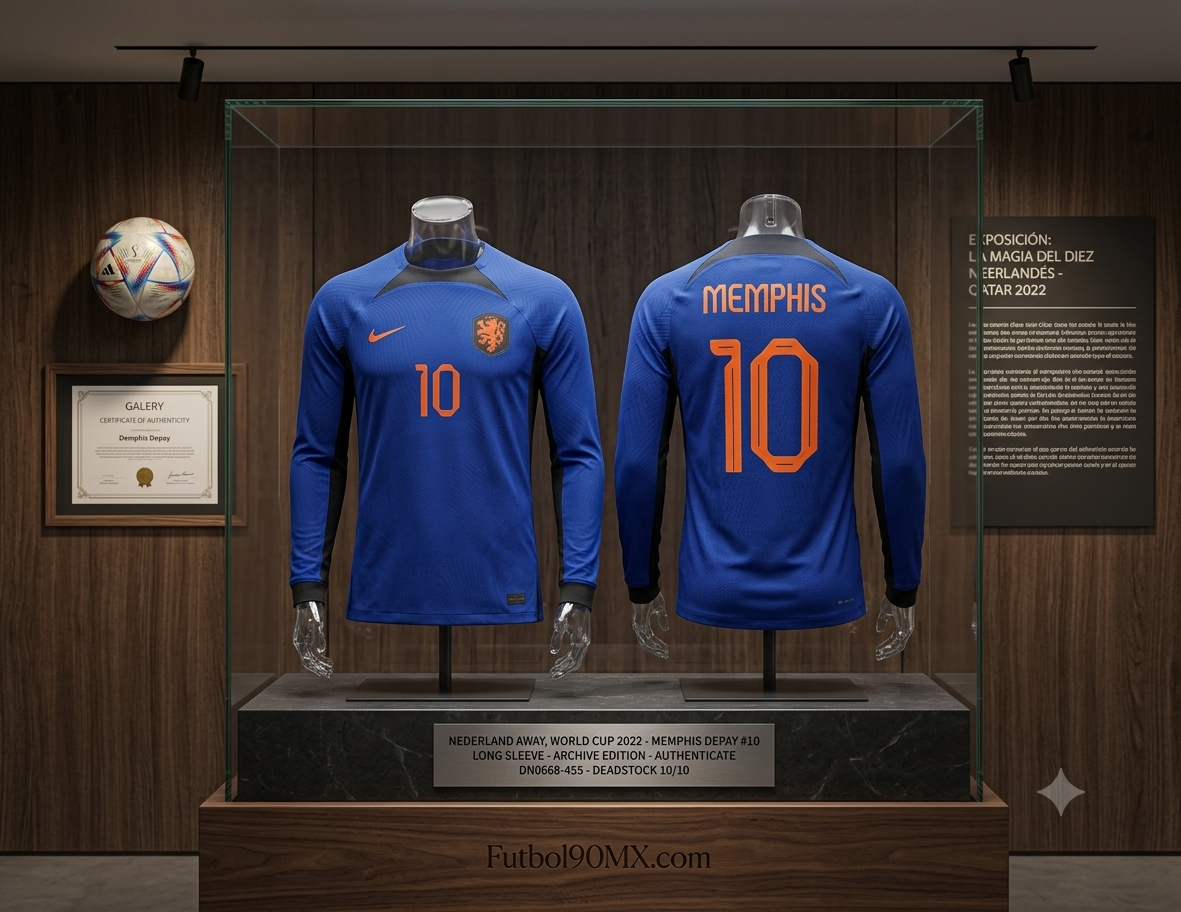 Exhibición de archivo Futbol90MX: Jersey Manga Larga Nike Países Bajos Mundial FIFA 2022 visitante de Memphis Depay en vitrina premium, certificado de autenticidad, codigo DN0668-455 en Futbol90MX
