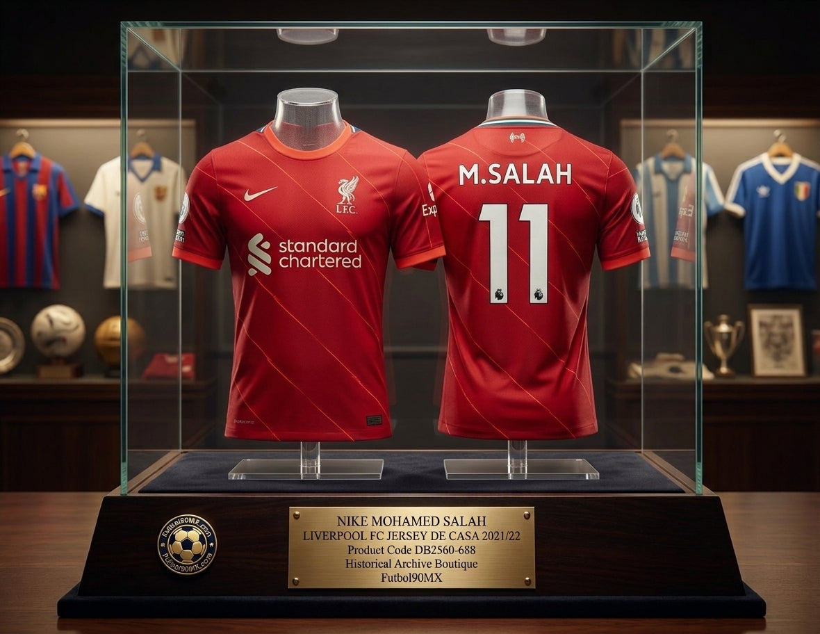 Exhibición de museo de nivel élite para el jersey Nike Stadium del Liverpool FC personalizado con Mohamed Salah #11 (Ref. DB2560-688) de la temporada 2021/22 en vitrina de caoba con placa conmemorativa en Historical Archive Boutique Futbol90MX