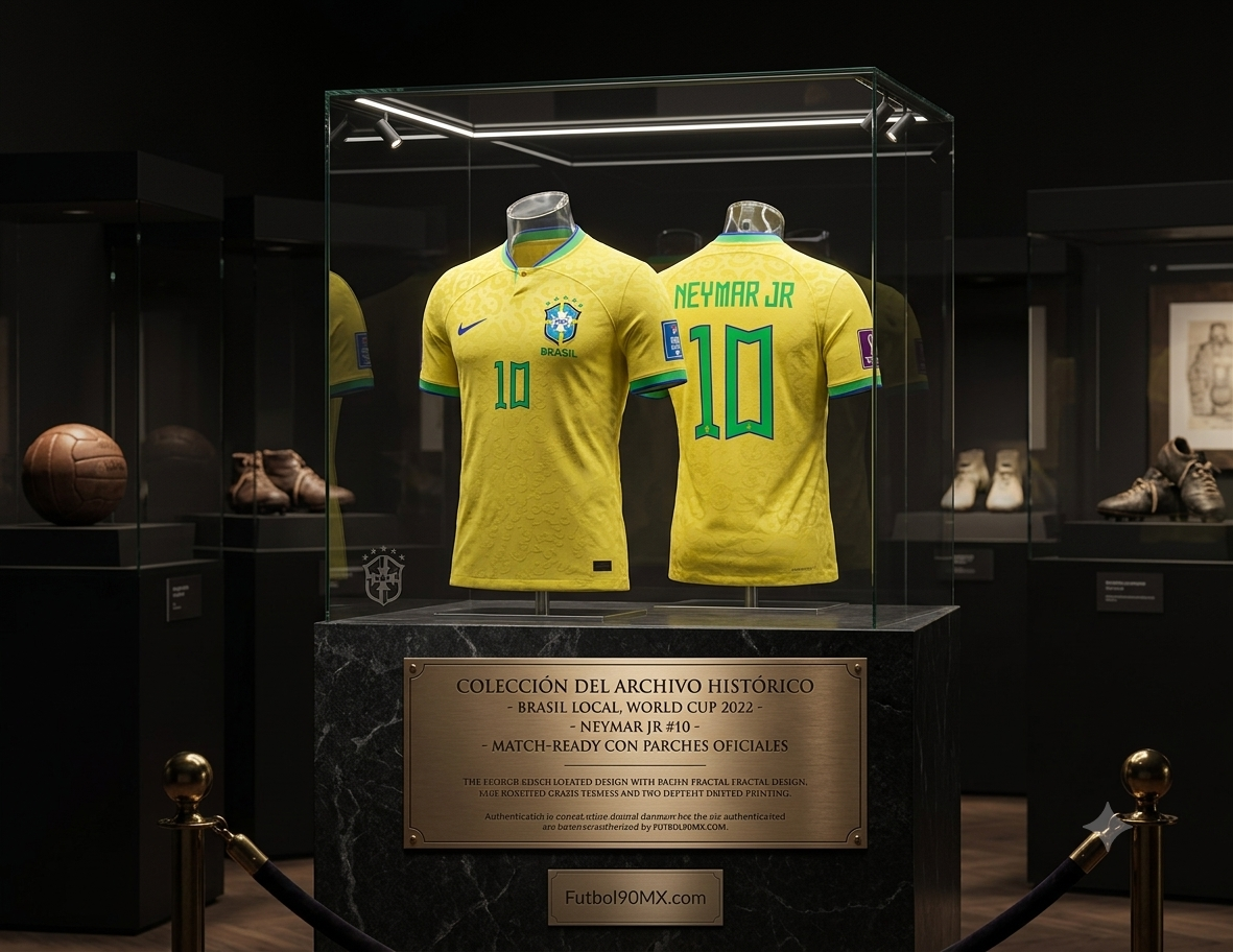 Jersey oficial Neymar Jr Brasil Copa Mundial 2022 (DN0618-740) en vitrina premium estilo museo. Edición Match Nike ADV, personalización oficial y parches FIFA. Archivo histórico Futbol90MX.
