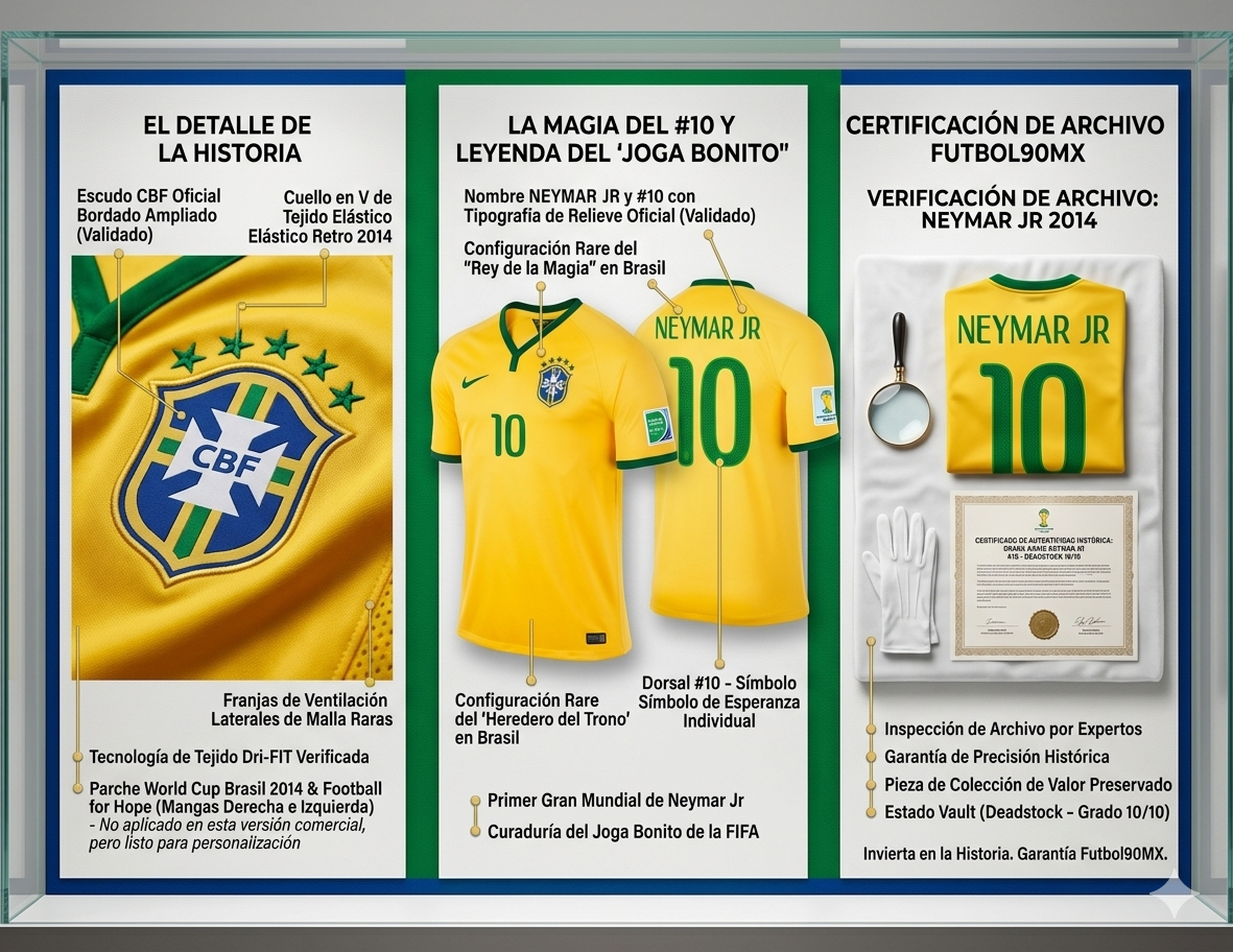 Infografía técnica de Futbol90MX que detalla el estado Deadstock Grado 10/10, la tecnología Dri-FIT y la verificación de autenticidad del jersey de Neymar Jr.