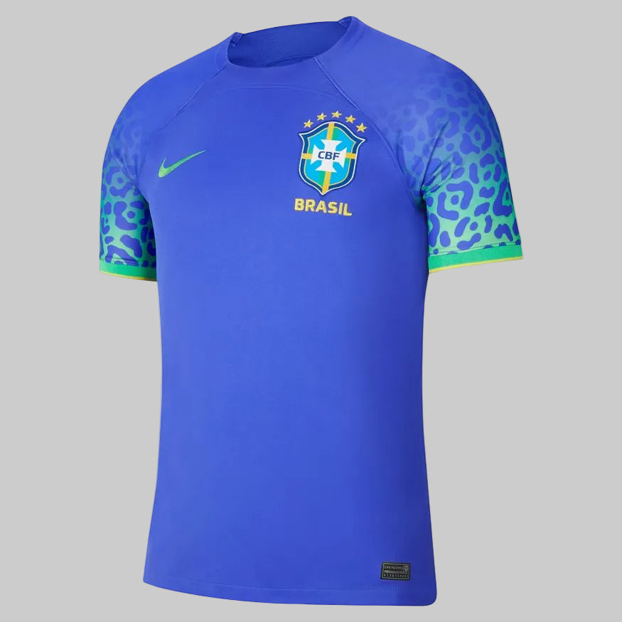 Vista frontal del Jersey Nike Brasil de Visita de Neymar Jr para La Copa Mundial FIFA 2022, stock Futbol90MX.