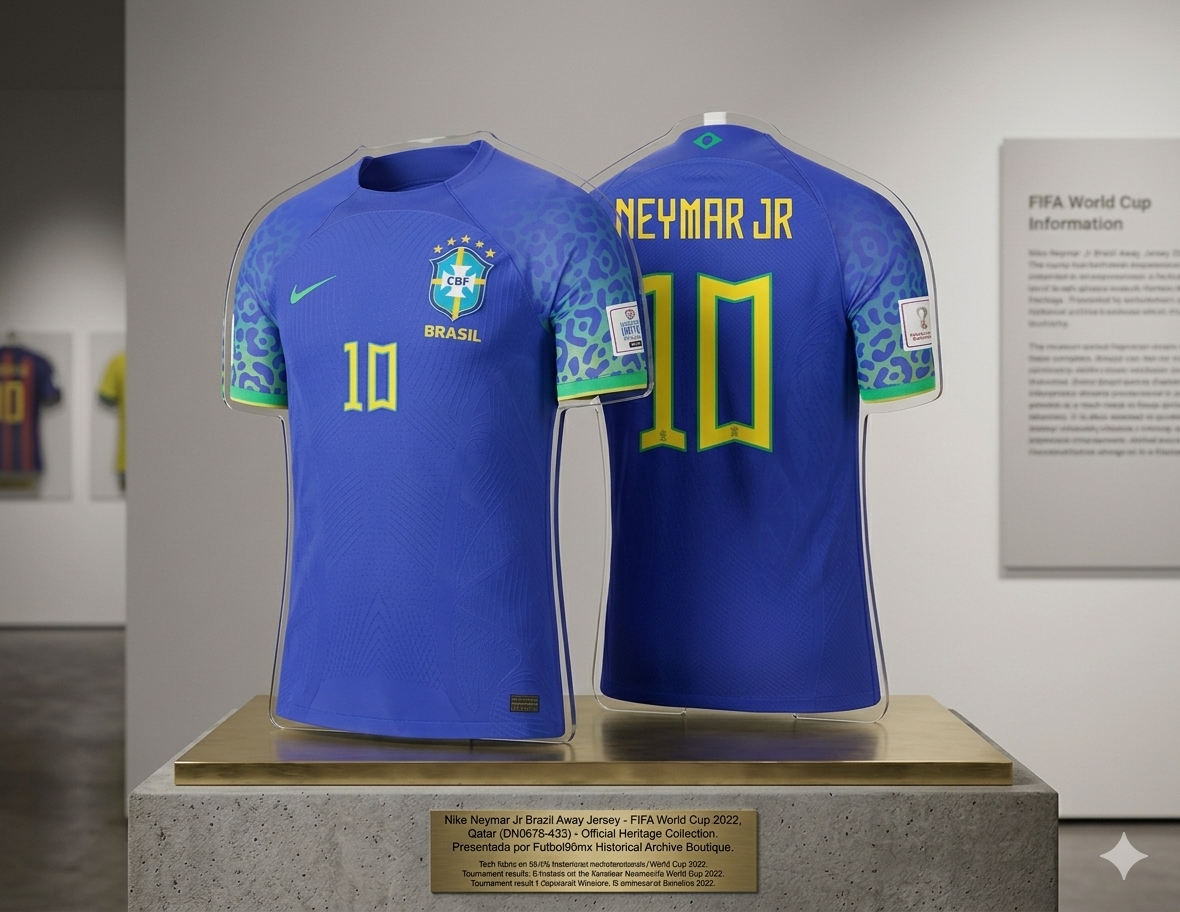 Exhibición de museo del jersey Nike Brasil Away Mundial 2022 edición Neymar Jr 10 dentro de un gabinete de cristal, con placa certificadora que valida el estado Deadstock 10/10 y una presentación profesional de archivo, codigo DN0678-433, en Futbol90MX