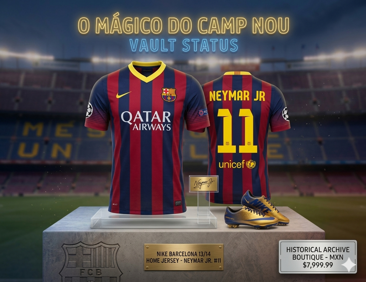 Arte de marketing Futbol90MX: Jersey Neymar Jr Barcelona 13/14 en exhibición de lujo con fondo del Camp Nou y botas Mercurial.