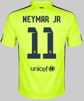 Vista posterior completa del jersey Nike FC Barcelona tercero UEFA Champions League 2014/15 (Ref. 631192-711) con el nombre NEYMAR JR y el número 11 en Futbol90MX