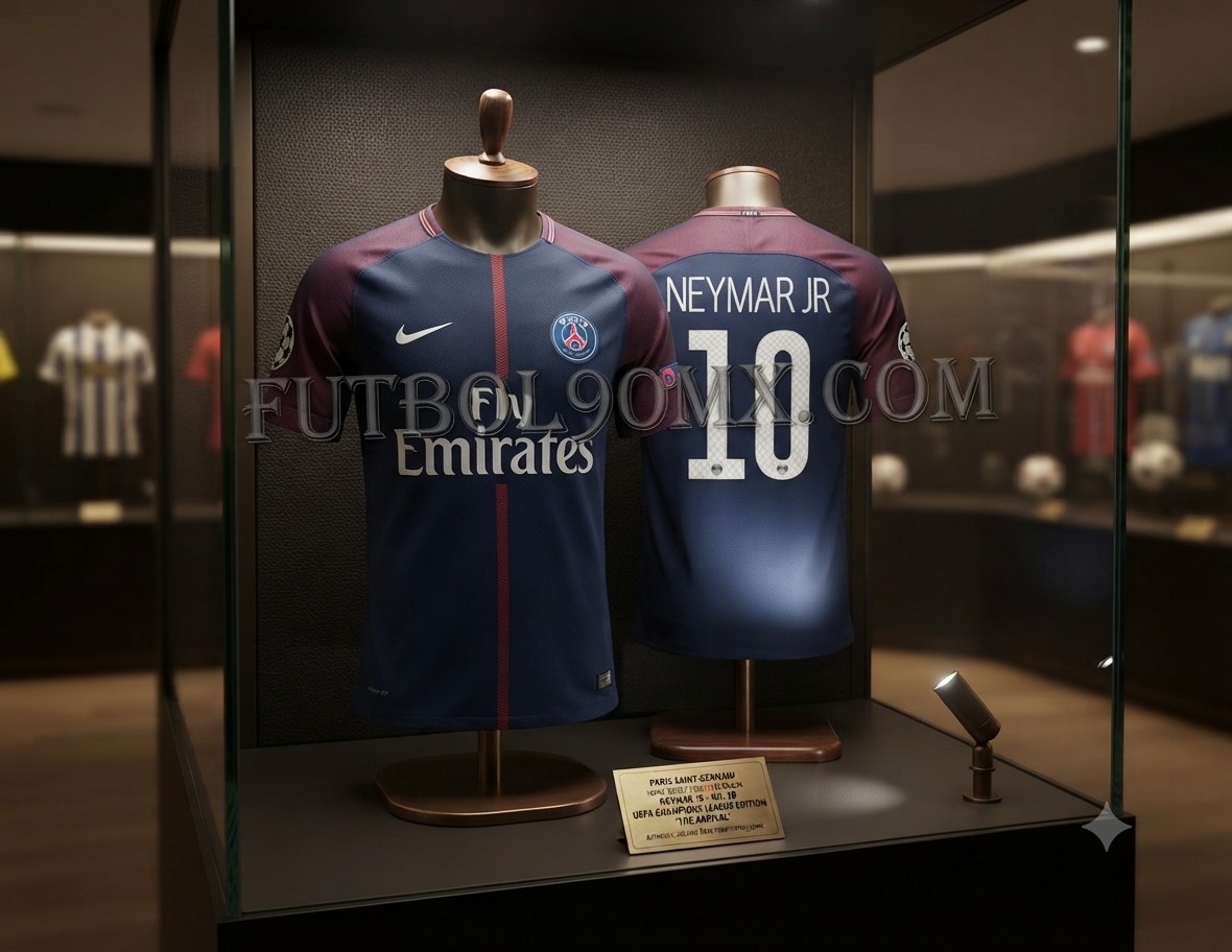 Exposición museística del jersey Nike PSG UEFA Champions League 2017/18 de Neymar Jr., mostrando el frente y el emblemático dorsal 10 en un entorno de archivo premium. Pieza certificada 847269-430, en Historical Archive Boutique Futbol90MX