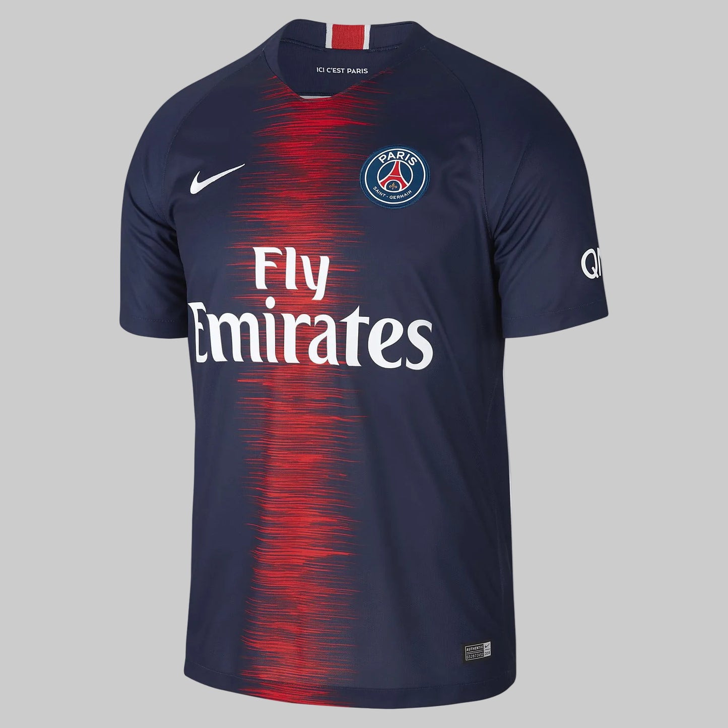 Jersey original Nike Paris Saint-Germain 2018-19 local con franja roja en zigzag "vibration" y patrocinador Fly Emirates.
