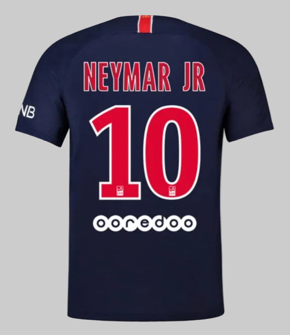 Estampado oficial de Neymar Jr número 10 PSG 2018-19 tipografía oficial Ligue 1 con logotipos detallados en la base.
