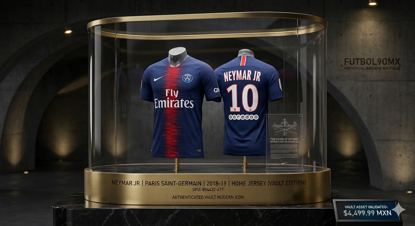 Arte de marketing Futbol90MX: Jersey Neymar Jr PSG 18/19 en vitrina de lujo con placa grabada "Vault Edition".