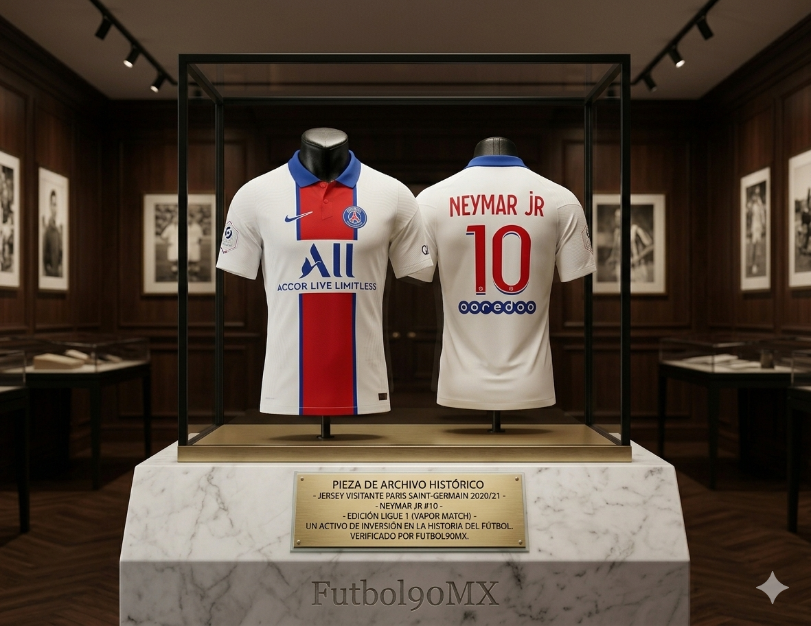 Exhibición de archivo histórico de Jersey Paris Saint-Germain visitante 2020-21 Neymar Jr en vitrina de lujo de la boutique Futbol90MX Nike CD4188-101
