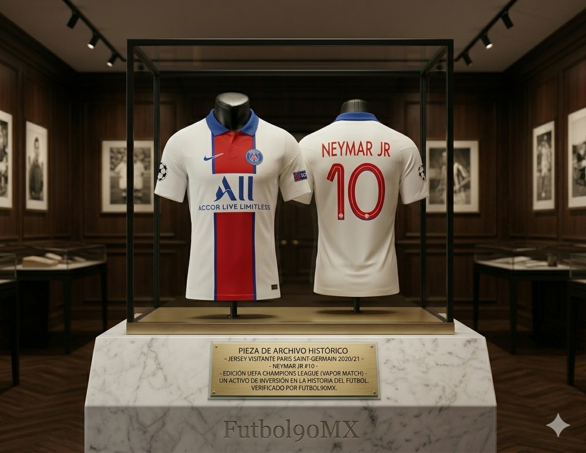 Exhibición de archivo histórico de Jersey Paris Saint-Germain visitante 2020-21 Neymar Jr edición UCL en vitrina de lujo Futbol90MX Nike CD4188-101