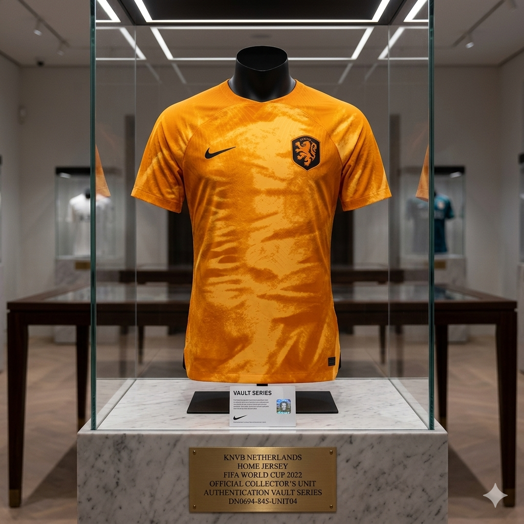 Netherlands Home Jersey 2022 exhibido en vitrina de mármol, pieza central de la Vault Series de Futbol90MX, codigo Nike DN0694-845