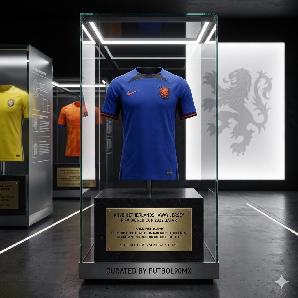 Imagen promocional de Futbol90MX presentando el jersey de los Países Bajos 2022 en una vitrina de exhibición de archivo histórico Nike DN0693-455
