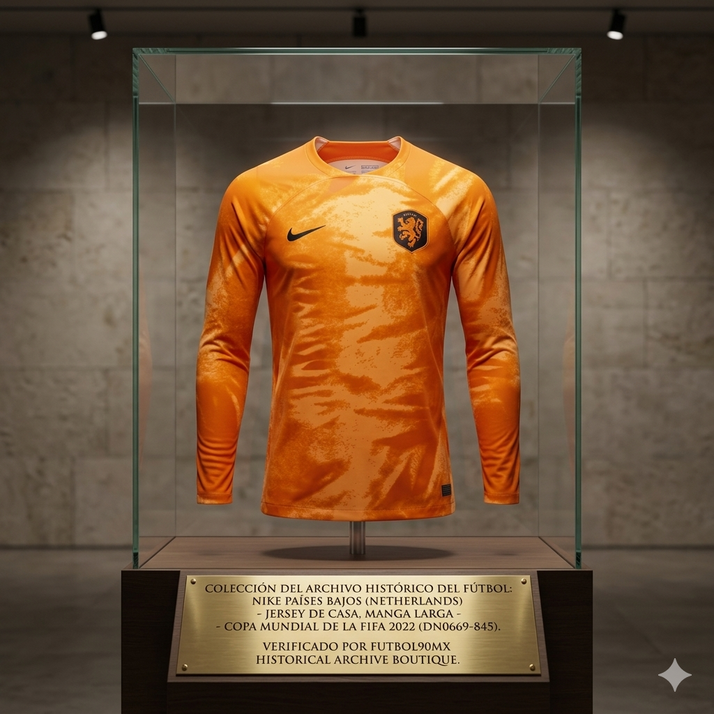 Jersey Nike Países Bajos Home manga larga 2022 en una vitrina de cristal iluminada, con placa técnica de la Historical Archive Boutique que certifica su autenticidad y grado de conservación de archivo, codigo DN0669-845, en Futbol90MX