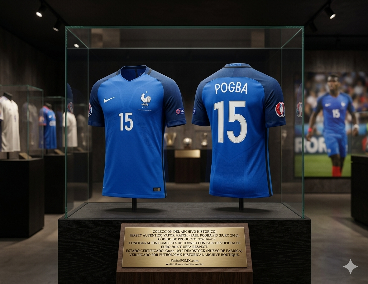 Exhibición de museo del jersey Nike Authentic Vapor Match de Francia 2016, edición jugador de Paul Pogba #15. Presentado en gabinete de cristal con placa dorada detallando el código 724616-439, tecnología Aeroswift y su estatus como activo de archivo certificado por Futbol90MX.