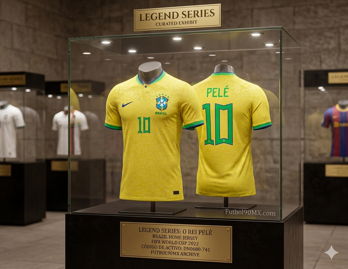 Jersey Nike Brasil 2022 edición Pelé, código DN0680-741, exhibido en pedestal de museo con placa Legend Series Futbol90MX