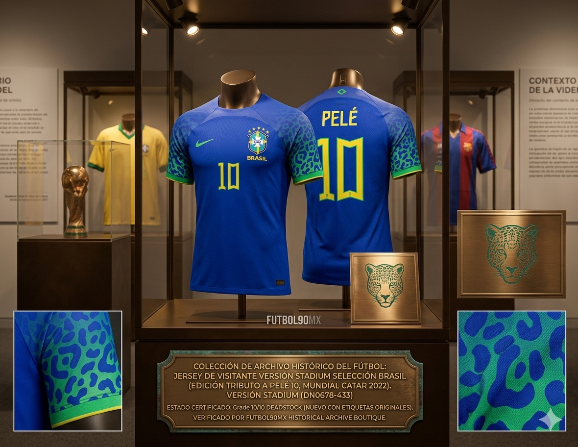 Exhibición de museo del jersey Nike Brasil Away 2022 edición Pelé 10 dentro de un gabinete de cristal, con placa identificativa que certifica el estado Deadstock 10/10 y paneles laterales que destacan los detalles gráficos de jaguar de la prenda, codigo DN0678-433, en Futbol90MX