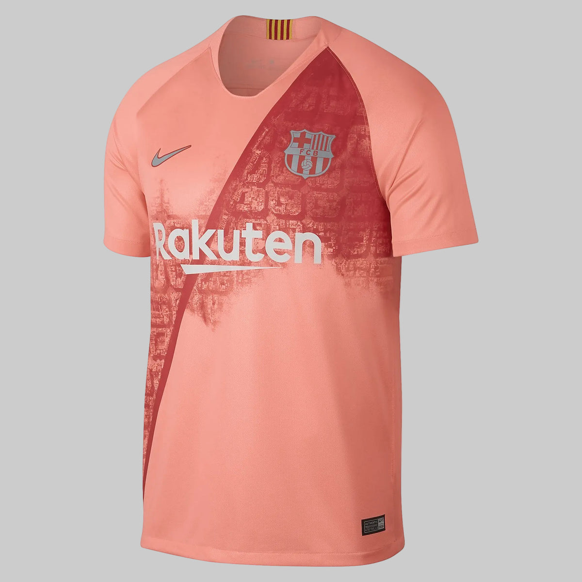 Nike Philippe Coutinho FC Barcelona Third Jersey 2018/19 (Ref. 918989-694), vista frontal en coral salmón con trama urbana de la Diagonal y patrocinio Rakuten en Futbol90MX