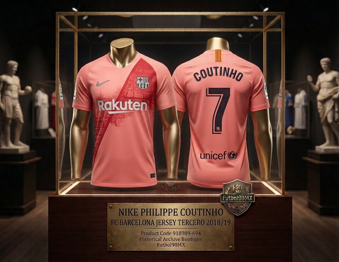 Vista de Exhibición museística de archivo del Nike Philippe Coutinho FC Barcelona Jersey Tercero 2018/19 (Ref. 918989-694) en la Historical Archive Boutique de Futbol90MX.
