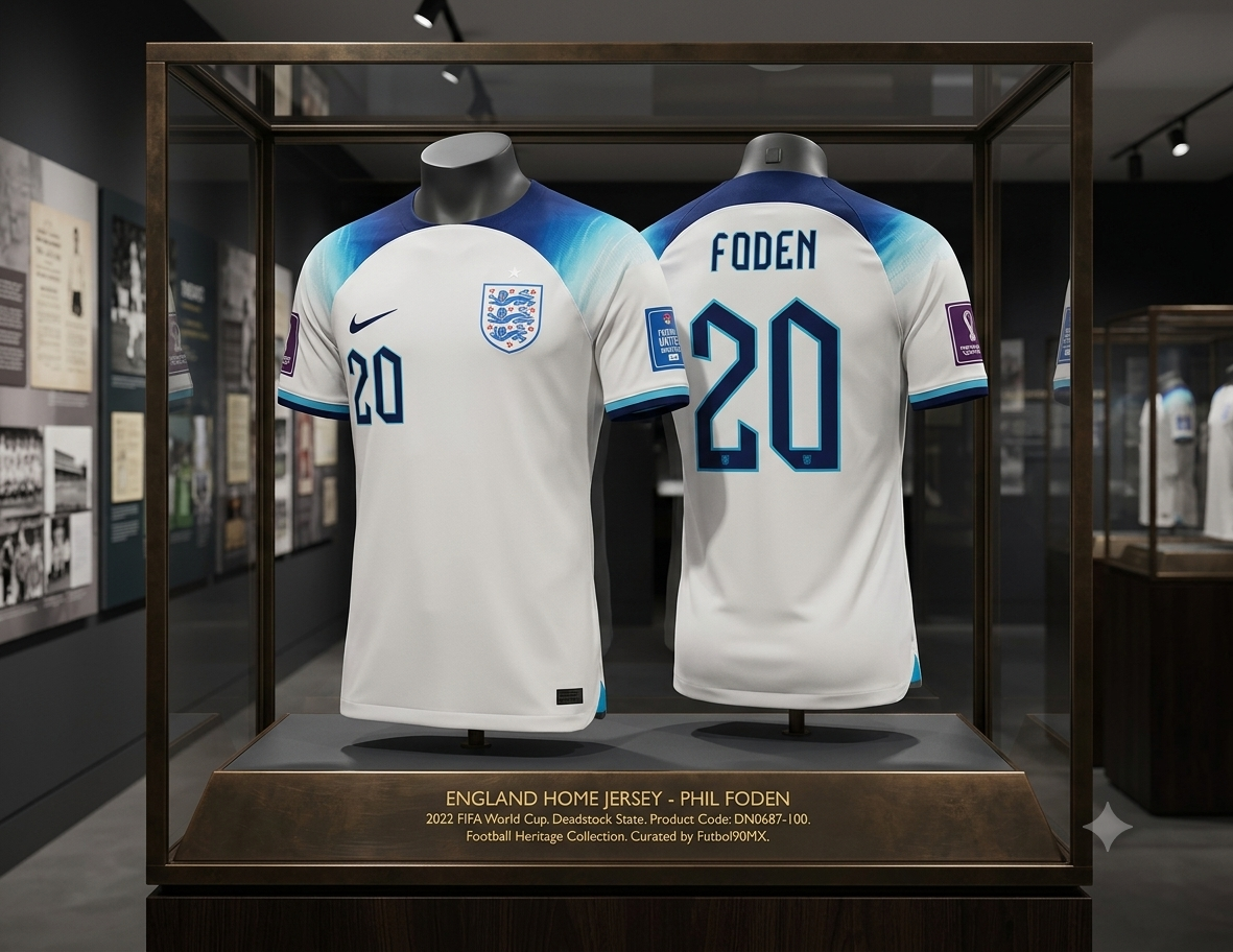 Jersey Nike de local de Inglaterra 2022 de Phil Foden exhibido en vitrina con placa de identificación "Futbol90MX", código DN0687-100 y estado Deadstock certificado.