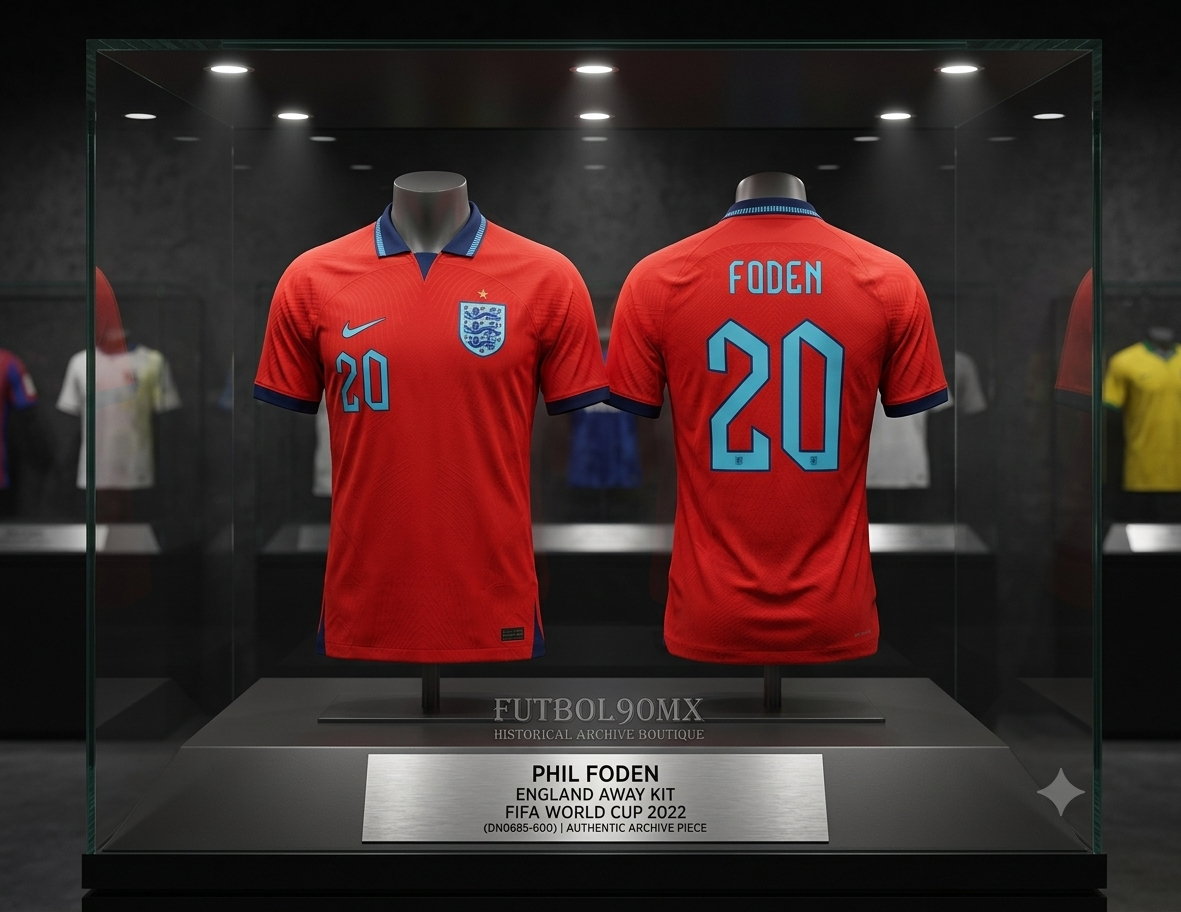 Jersey Nike de visitante Inglaterra 2022 personalizado para Phil Foden #20, presentado en vitrina museográfica de la Historical Archive Boutique Futbol90MX. Código de archivo DN0685-600.