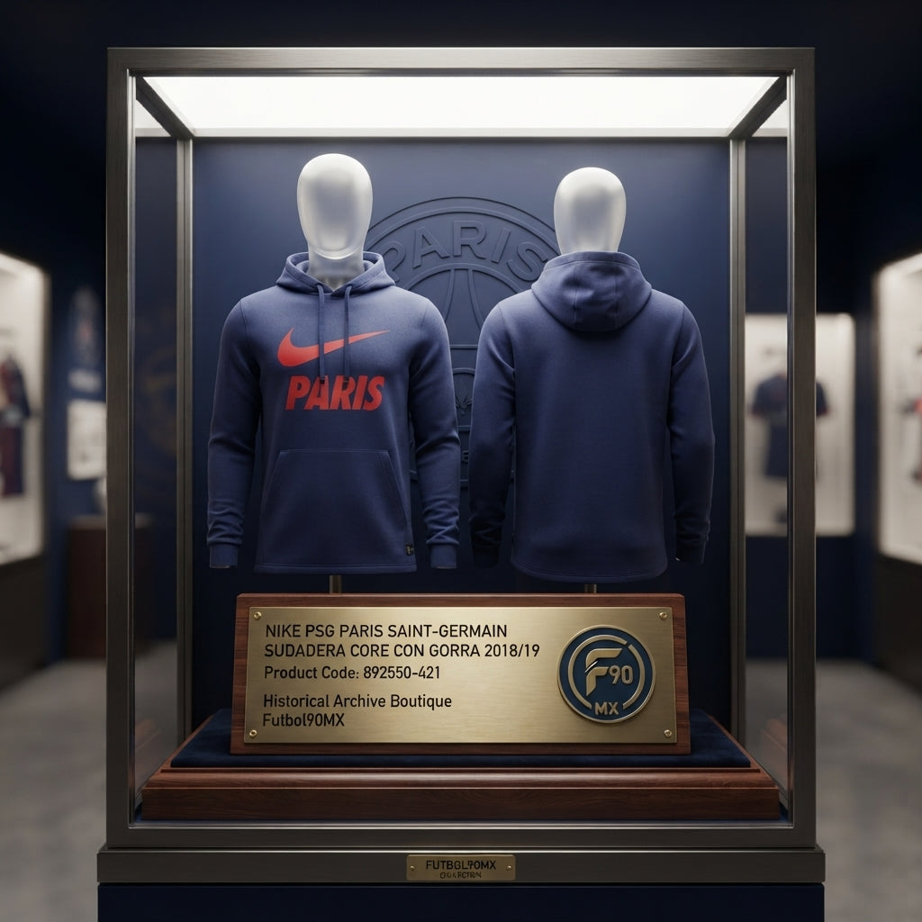 Vista de Museo de la Sudadera Core con gorra Nike PSG Paris Saint-Germain 2018/19 (892550-421) expuesta en una vitrina museística de la Historical Archive Boutique, acompañada de elementos de colección de Futbol90MX.