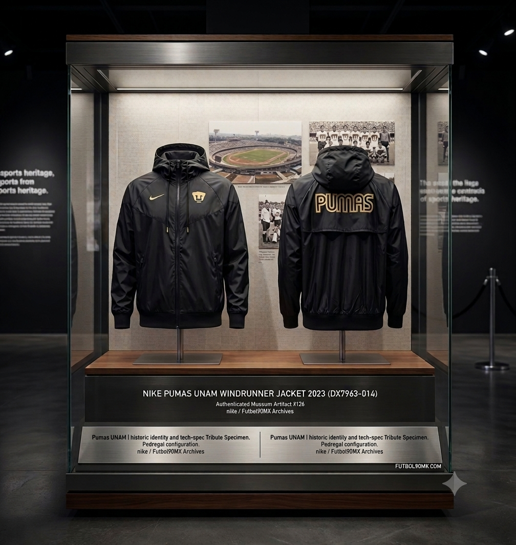 Chamarra rompevientos original Nike Pumas UNAM Windrunner 2023 expuesta en vitrina de cristal sobre maniquí flotante con placa de archivo histórico Futbol90MX, codigo DX7963-014