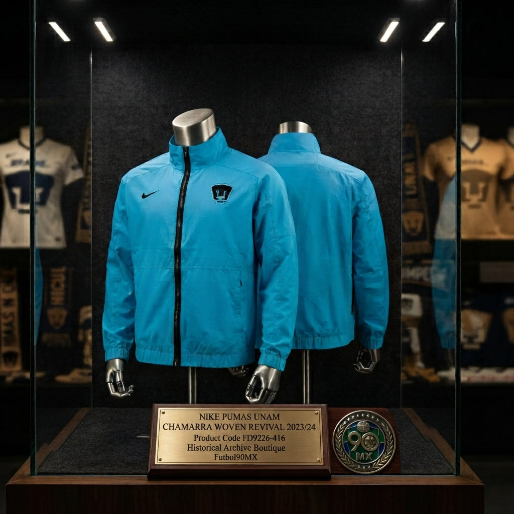 Vista de la Exhibición museográfica de la chamarra Nike Pumas UNAM Woven Revival 2023/24 (Ref. FD9226-416) en vitrina iluminada con placa de autenticación en la Historical Archive Boutique de Futbol90MX