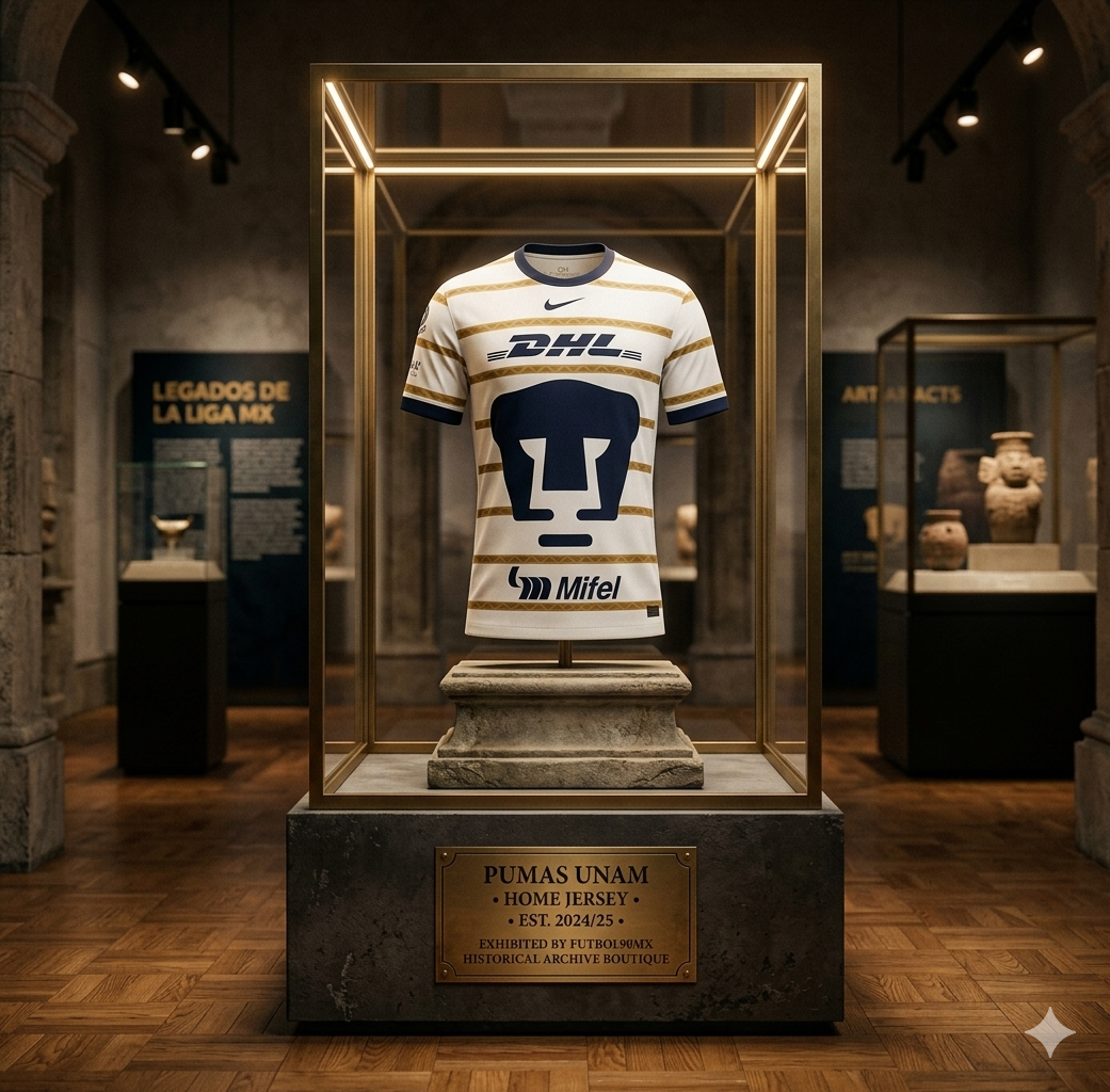 Jersey Nike FN8783-101 Pumas Home 2024/25 exhibido en una vitrina de galería histórica de Futbol90MX, posicionado sobre un pedestal de piedra con placa conmemorativa.
