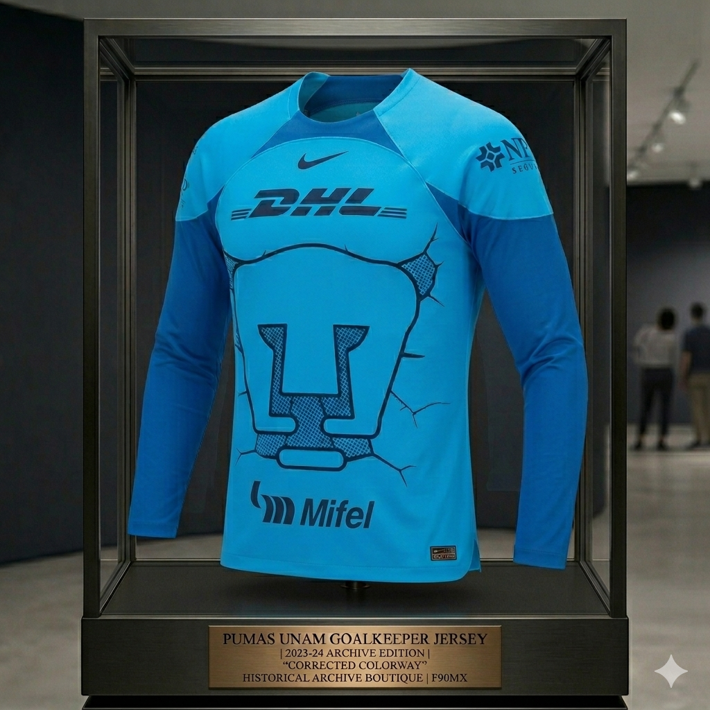Jersey de portero Nike DX2638-407 Pumas UNAM 2023-24 manga larga en vitrina de exhibición histórica con placa grabada de Futbol90MX. Colorway Photo Blue y Obsidian con diseño de Puma geométrico central.