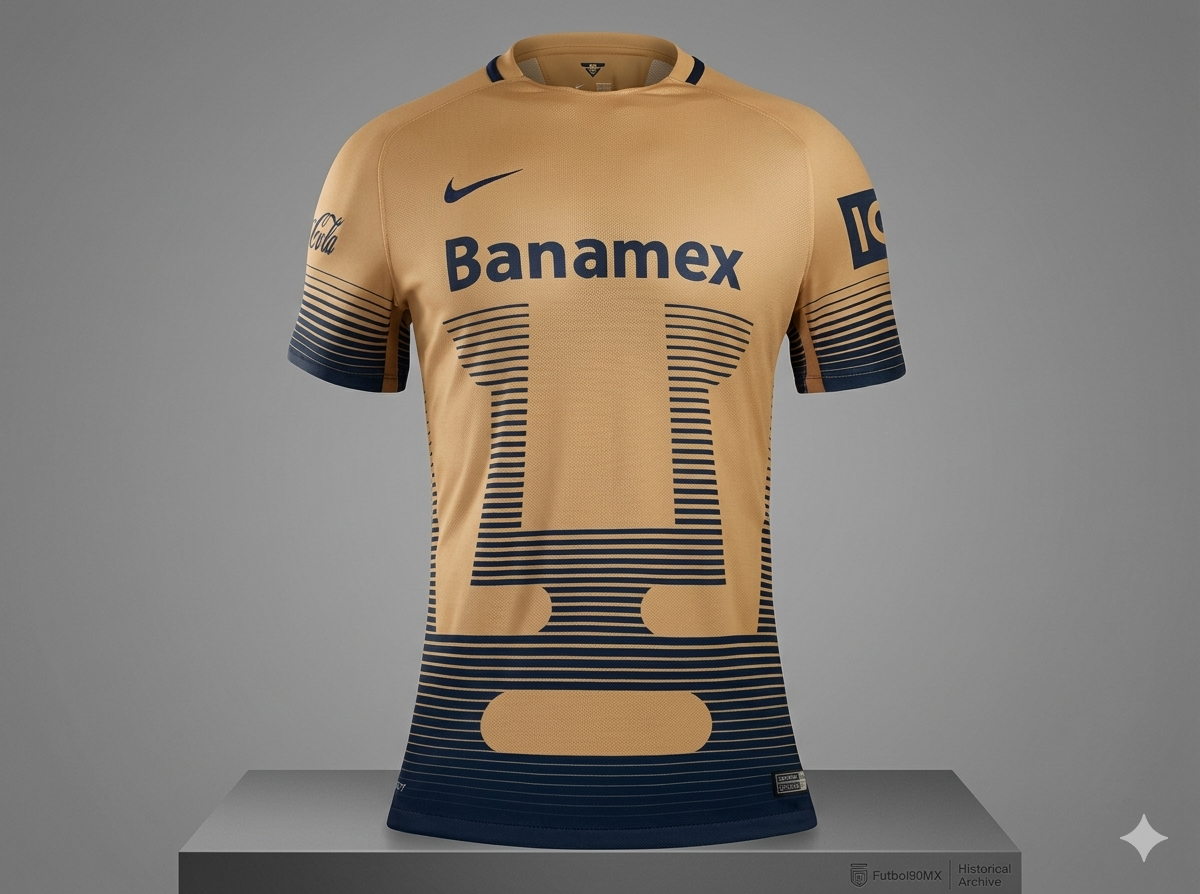 Close-up del escudo de Pumas y logo de Nike bordados en alta densidad sobre el tejido dorado, garantizando durabilidad y autenticidad.