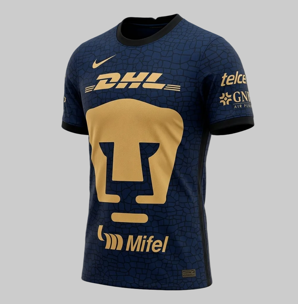 Jersey Nike Pumas UNAM Visita 2021-22 CV7904-410 Azul y Oro con Patrón de Piedra Volcánica BNWT Original