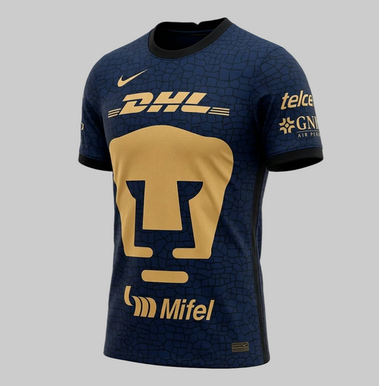 Jersey Nike Pumas UNAM Visita 2021-22 CV7904-410 Azul y Oro con Patrón de Piedra Volcánica BNWT Original