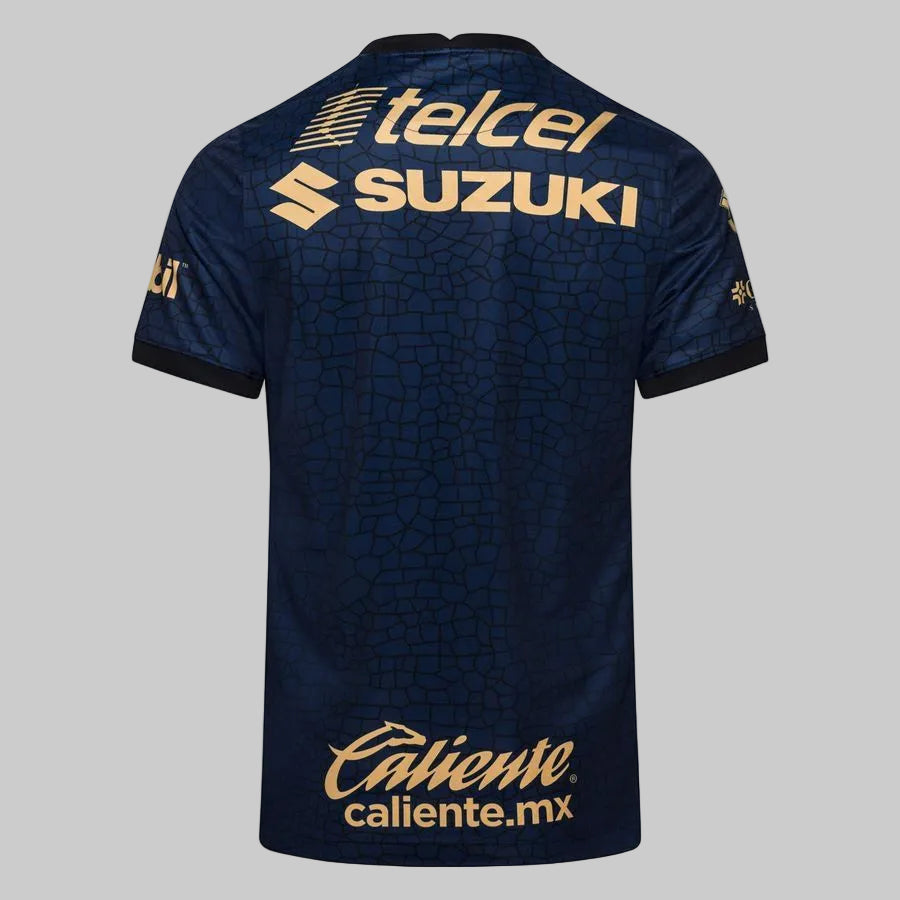 Jersey de Visita Pumas UNAM 2021-22 Vista Trasera con Patrocinadores Telcel Suzuki y Caliente