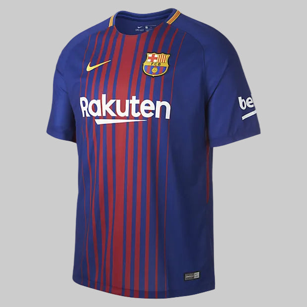 Vista frontal del jersey local Nike FC Barcelona 2017-18 Rivaldo # 11 con patrocinio Rakuten, edición de archivo histórico para coleccionistas.