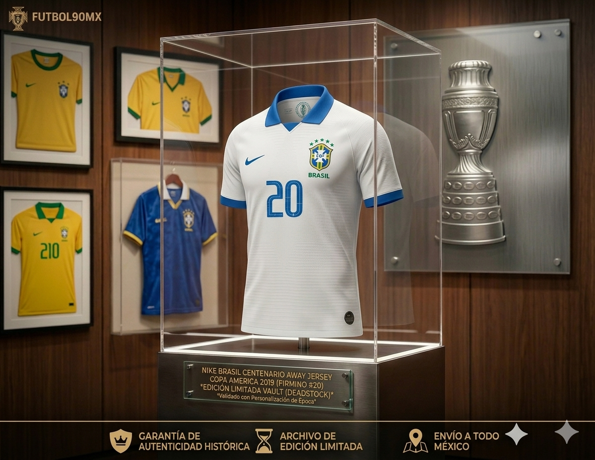 Infografía de Futbol90MX con el jersey de Roberto Firmino 2019 en vitrina de museo, destacando su estado "Deadstock Grado 10/10" y envío a todo México.