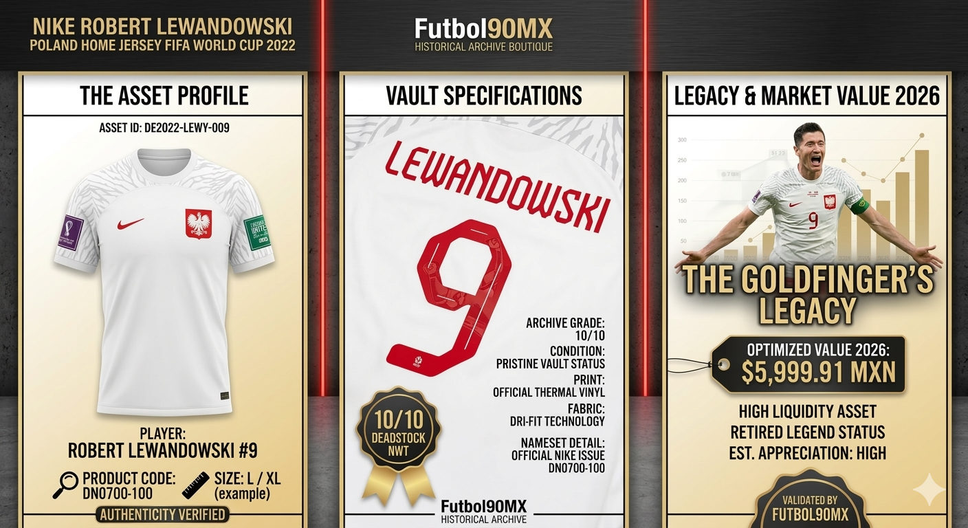 Infográfico de inversión Futbol90MX: Perfil del activo Robert Lewandowski DE2022-LEWY-009, especificaciones de bóveda 10/10 y valoración de mercado 2026.