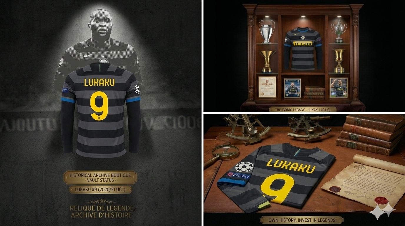 Composición de marketing de Futbol90MX mostrando la jersey de Romelu Lukaku #9 en una vitrina de archivo histórico con gráficos del jugador y certificado de autenticidad